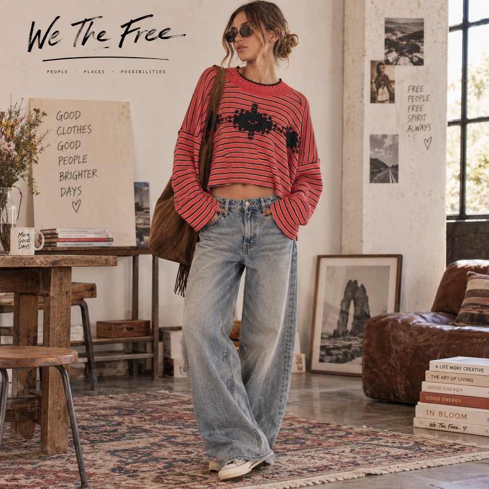 WE THE FREE Women's Sweater MEDIUM Cropped Striped Boho Beaded OB1403352